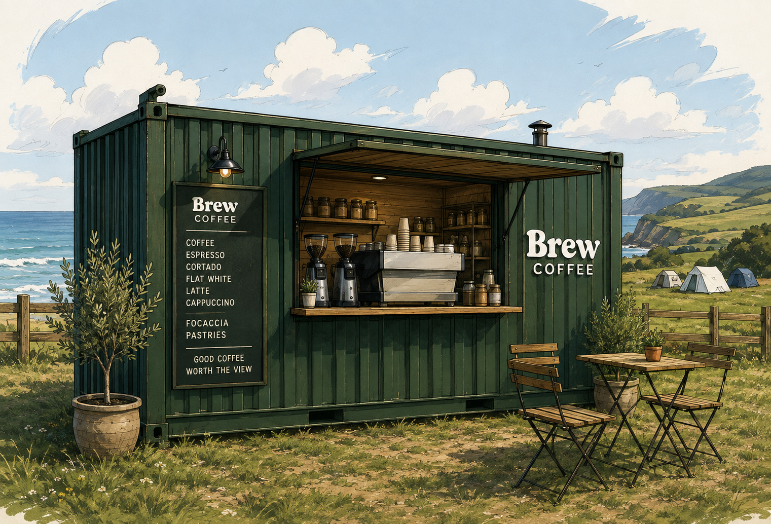 Concept image of the Brew container: a dark green shipping container with its serving hatch open, a menu board, tables outside and the sea behind.