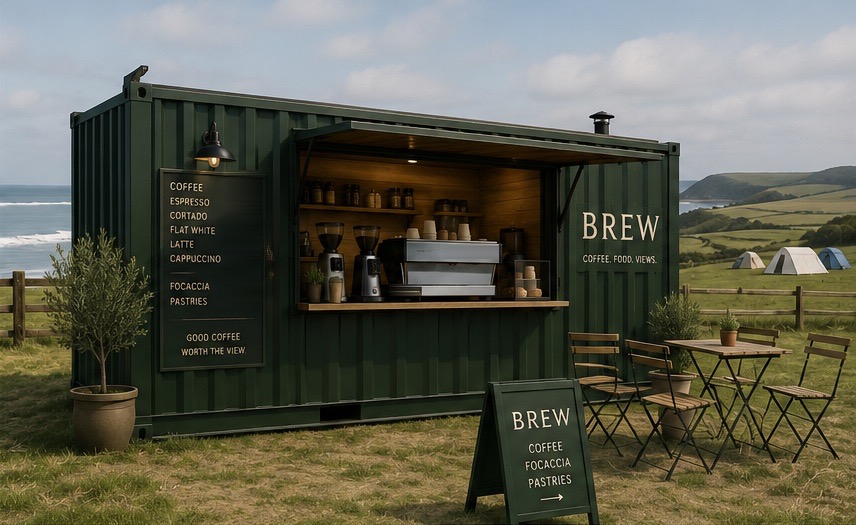 Concept image of the Brew container: a dark green shipping container with its serving hatch open, a menu board, tables outside and the sea behind.