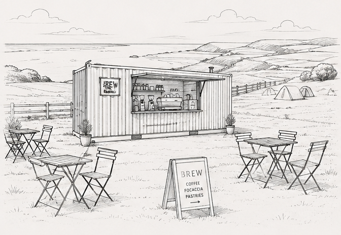 Concept sketch of the Brew container: a converted shipping container with open hatch, outdoor seating and rolling Devon hills.